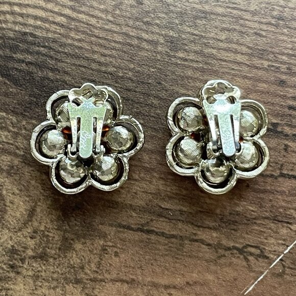 Vintage Coro Earrings Amber Lucite Floral Gold Tone Chunky Clip Signed Flower - Picture 10 of 15